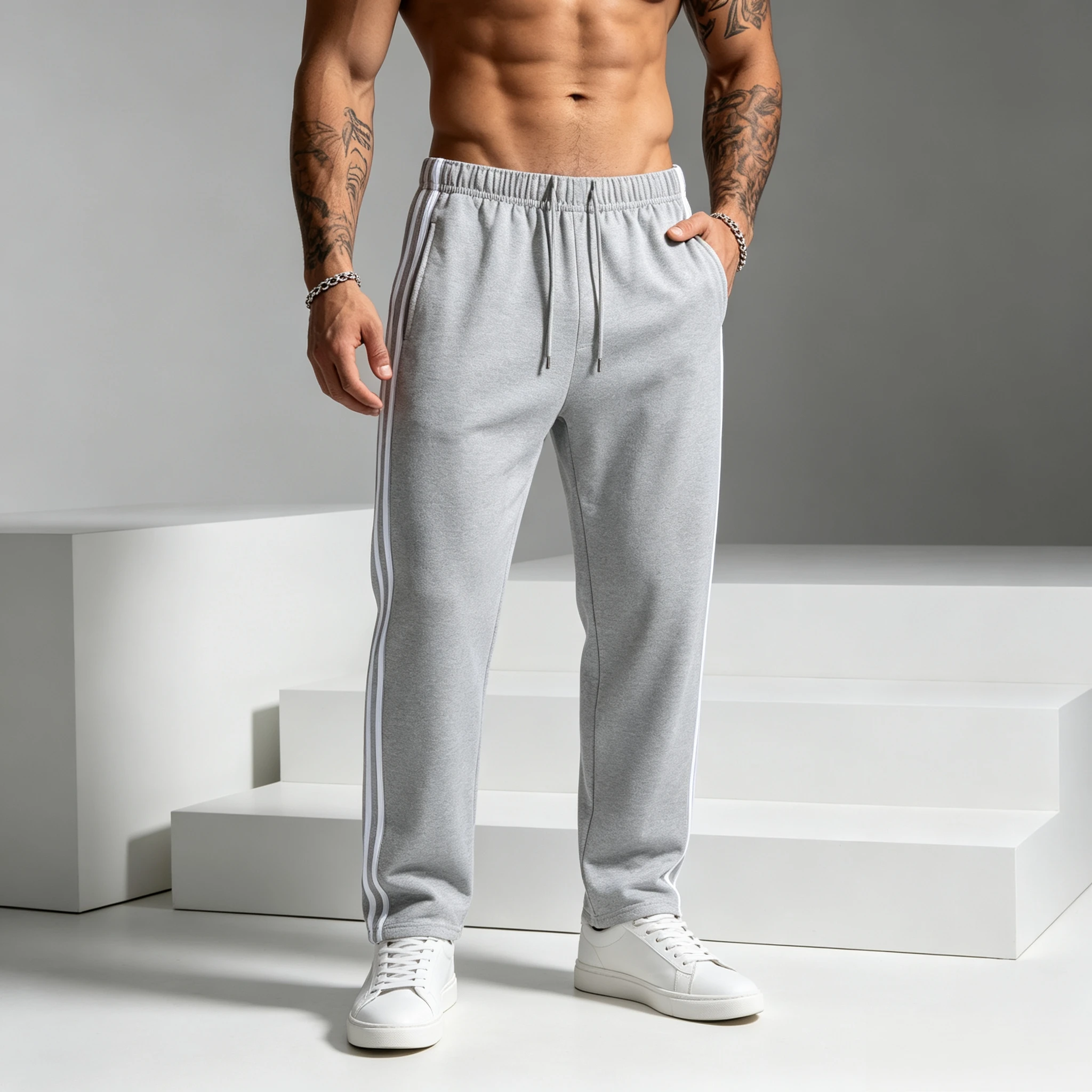 Herrenhose mit seitlichen Streifen, gerader Schnitt, Strickstoff, Fitness- und Jogginghose, Herrenhose mit elastischem Bund, Freizeitkleidung für den Frühling. – Detail 4