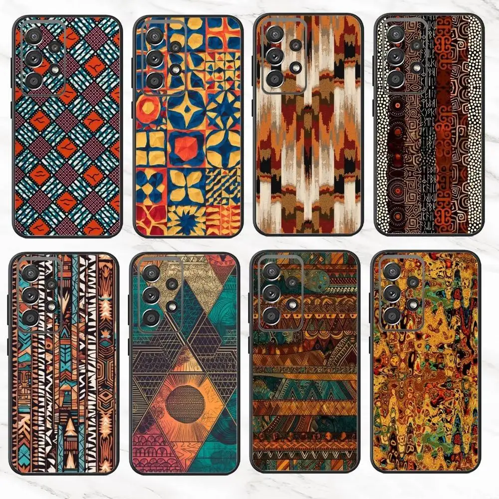 W-Wax生地A-アフリカ風スマホケース Samsung S25、S24、S21、S22、S23、S30、Ultra、S20、Plus、Fe、Note、10、9、5G対応 ブラックカバー