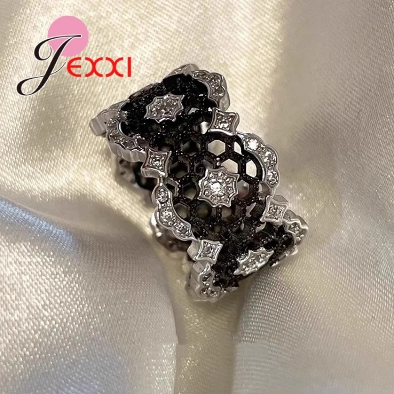 

S925 Sterling Silver Ring Wide Statement Punk Band for Woman Black Hollow Lace Zircon Temperament Hip Hop Party Jewelry