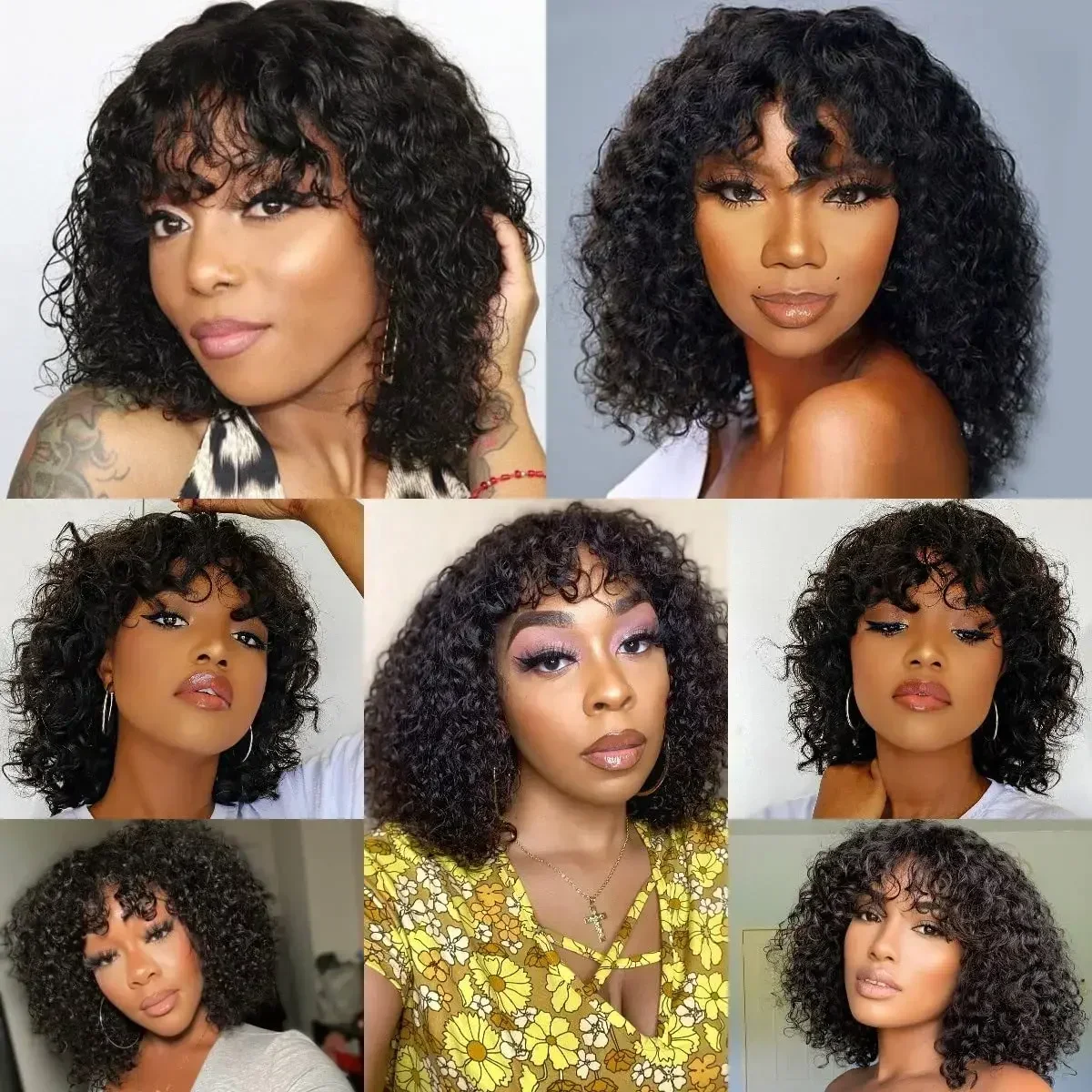 Kinky Curly Wig with Bangs Brazilian Human Hair For Women 180% Density Machine Made Deep Wave Curly Glueless Wigs With Fringe