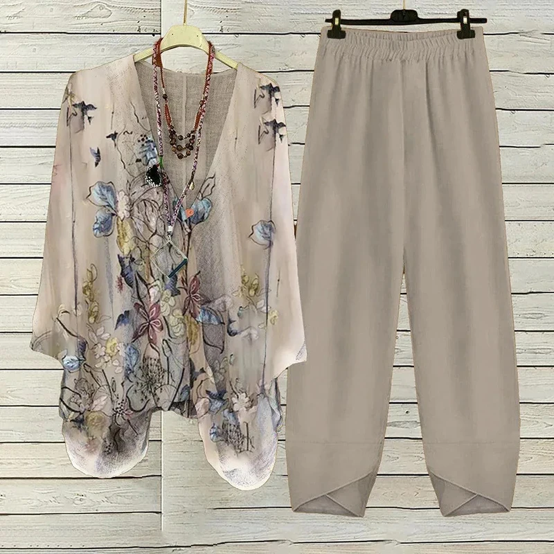 2024 Spring Floral Print Two Piece Sets Womens Outfits Sexy V-neck 3/4 Sleeve Top Pullover Elastic Waist Pants Summer Loose Suit