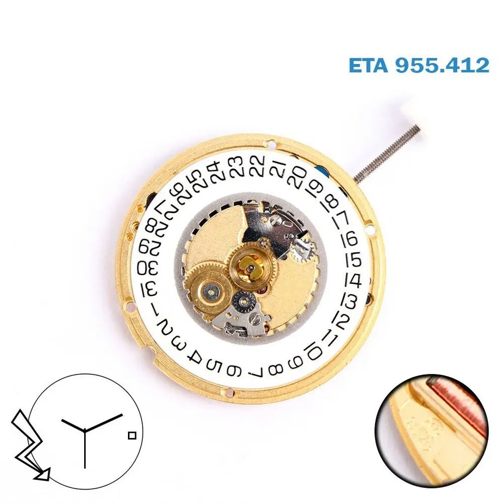 955.412 Movement  ETA Movement  White Date Disk on 3 ,Gold Color.