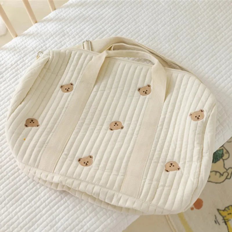 Little Bear Embroidered Handheld Shoulder Bag Cute Cartoon Large Capacity Mother Baby Parent Child Single Shoulder Bag Mommy Bag