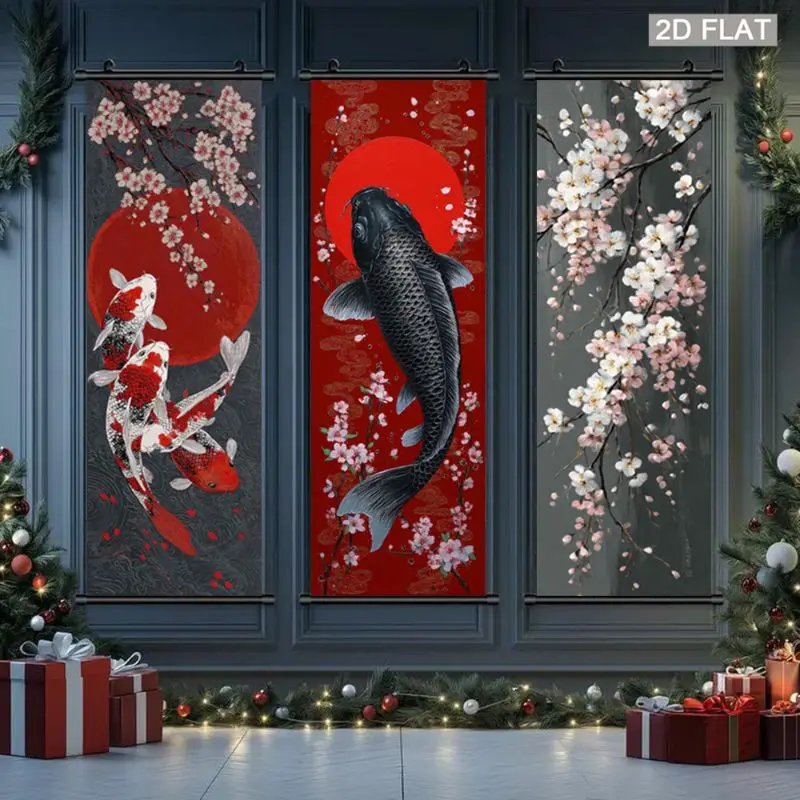 VIKAMA Koi Fish Red Sun Wall Tapestry Cherry Blossom Japanese Ink Scroll Art Home Decor Retro Style Soft Durable Cozy Aesthetic