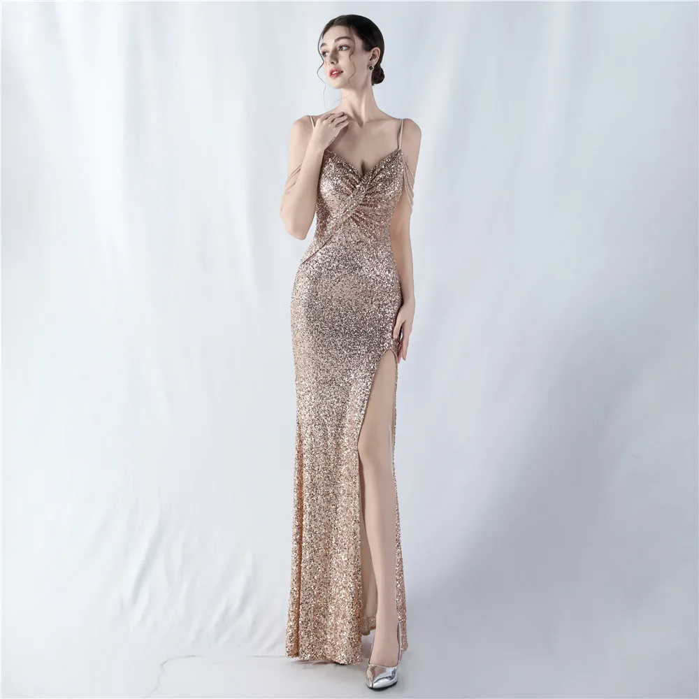 Sladuo Women's Elegant Sexy V Neck Sequin Formal Evening Maxi Dress Mermaid Long Gown Wedding Party Dresses