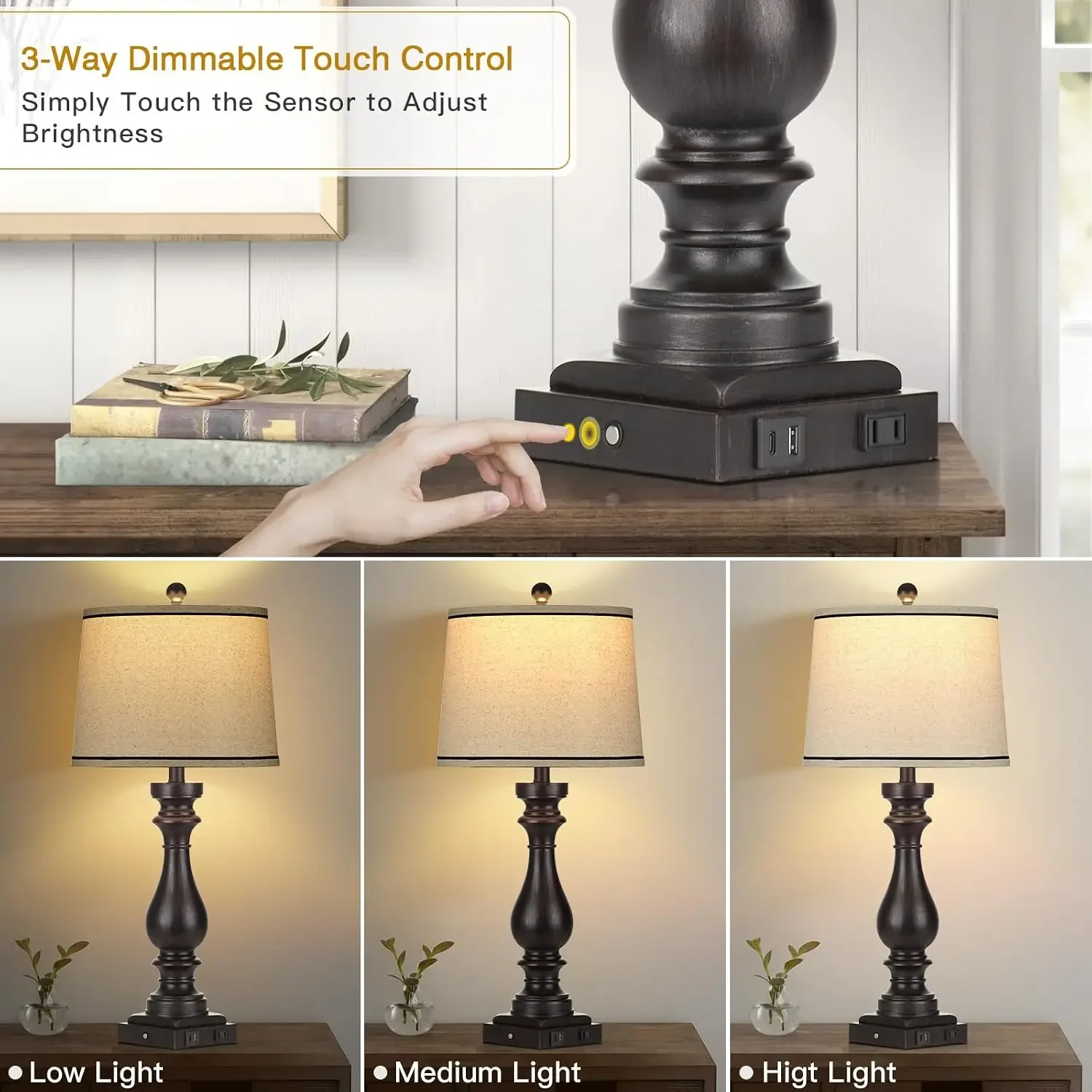 Vintage 29" Farmhouse Table Lamp with USB-C & AC Outlet, 3-Way Touch Dimmable, Retro Bedside Nightstand Light, Black view 2