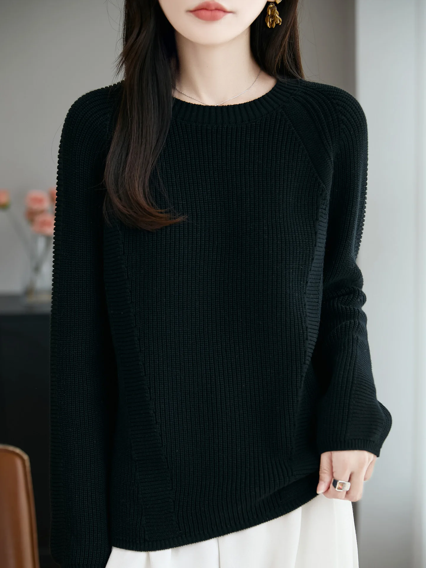 

00% Pure Cotton Knitted round Ne Sweater Women's Loose Base irt oulder Sve Insertion Long Sve Top for Autumn Winter