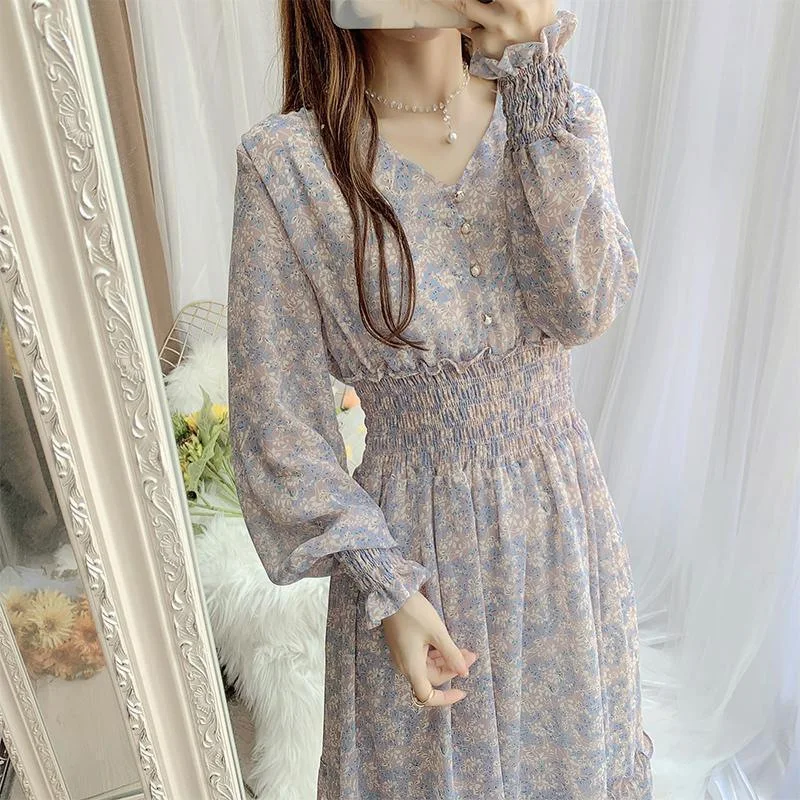 Chiffon Ruffle Slim Folds Casual Print Floral Dress Summer Long Sleeve Dresses New Spring Korean Fashion Elegant Womens Clothing