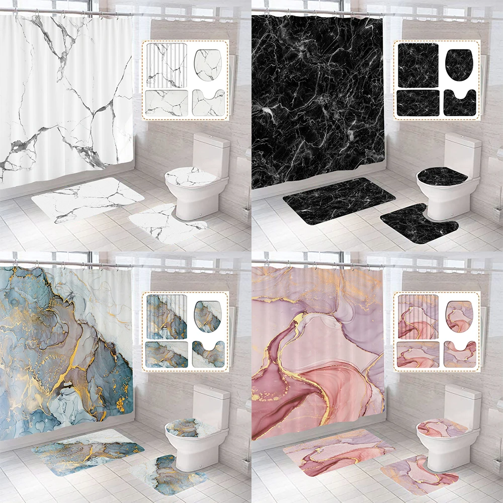 

Art Marble Pattern Golden Waterproof Shower Curtain Set Toilet Cover Mat Non slip Bath Rugs Home Bathroom Carpet Christmas Decor