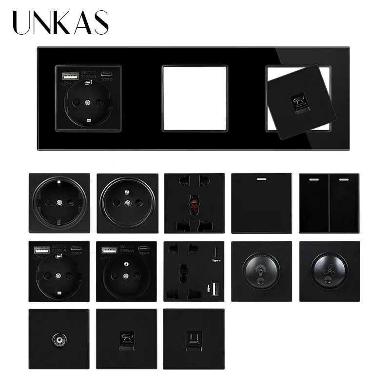 

UNKAS черные стеклянные панели, комбинация, бесплатная розетка для французского ЕС, TypeC, USB-подсветка, компьютерная телефонная розетка, соответствующая «сделай сам»