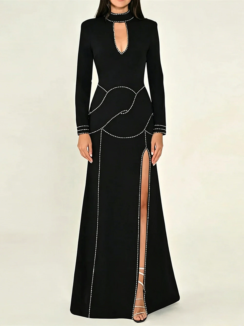 Modphy Black Evening Dress Long Sleeves Crystals backless Luxury Party Gowns for Women Split Elegant Wedding Party Gownty Dress