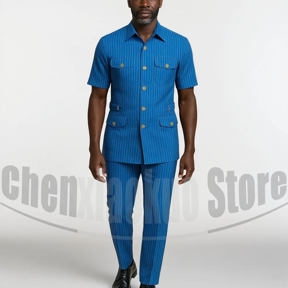 

Men's Pinstripe Short Sleeves Suit Set Multi-Pocket Single Breasted Jacket and Pants Smart Casual Daily Formal Male Suit