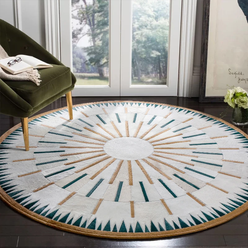 

Handmade Real Cowhide Round Carpet Living Room Bedroom Sound-absorbing Rug Genuine Cow Fur Chair Floor Mat Sofa Coffee Table Mat