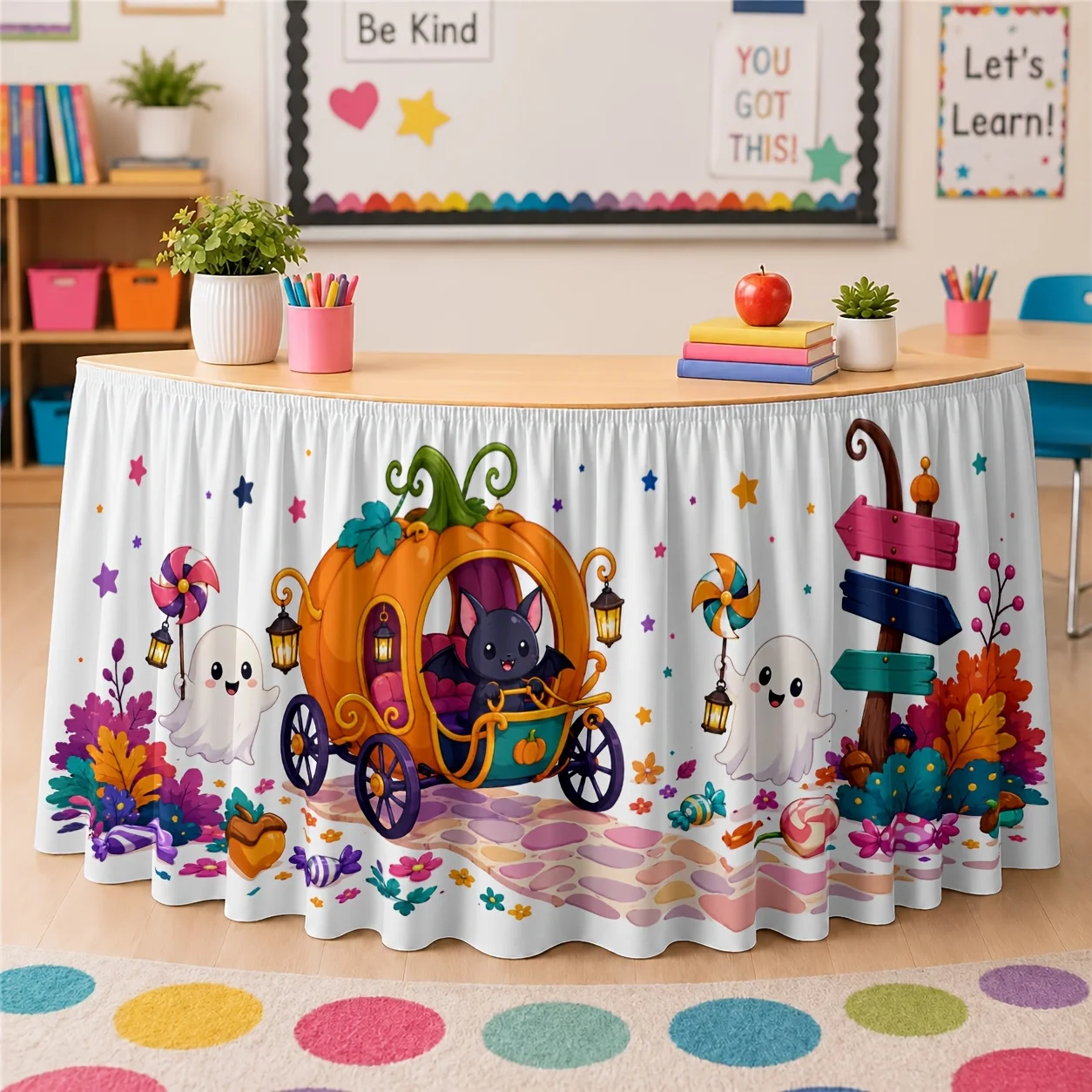 Table skirt / tableskirt Halloween theme cartoon pumpkin carriage ghost candies festive party