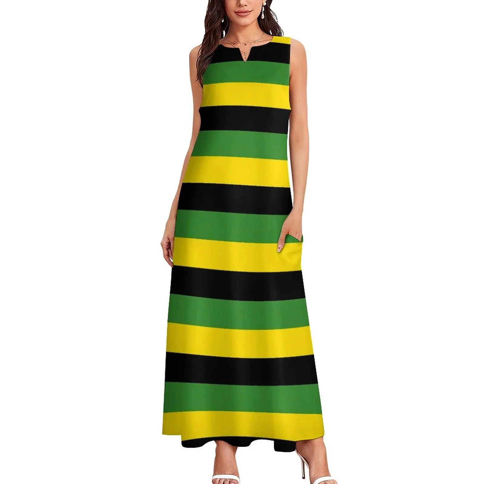 Jamaica Flag Dress Black Yellow Green Stripes Elegant Maxi Dress Street Fashion Bohemia Long Dresses Female Oversized Vestidos