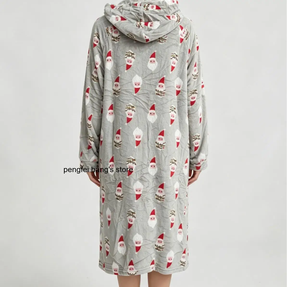  Autumn Winter Women Hooded Santa Print Open Front Bathrobe, Long Sleeve Warm Flannel Home Loungewear Sleep Robe