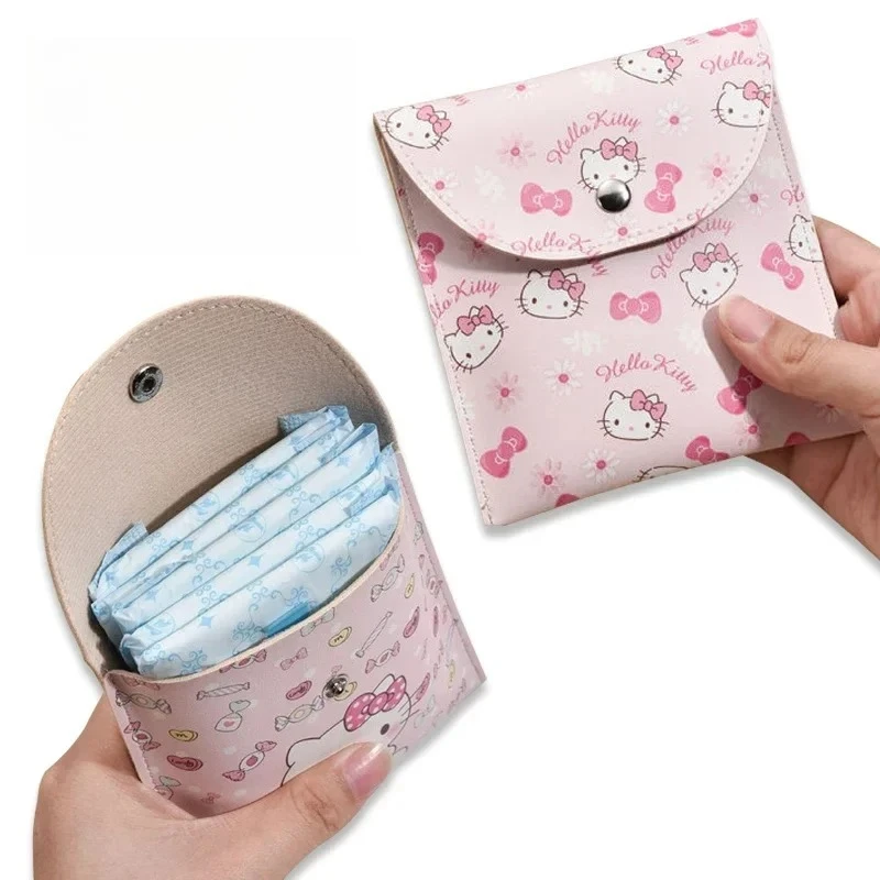 

New Hello Kitty Cartoon Printed PU Leather Tampon Storage Bag Sanitary Pad Pouch Napkin Travel-Friendly Waterproof Makeup Bags