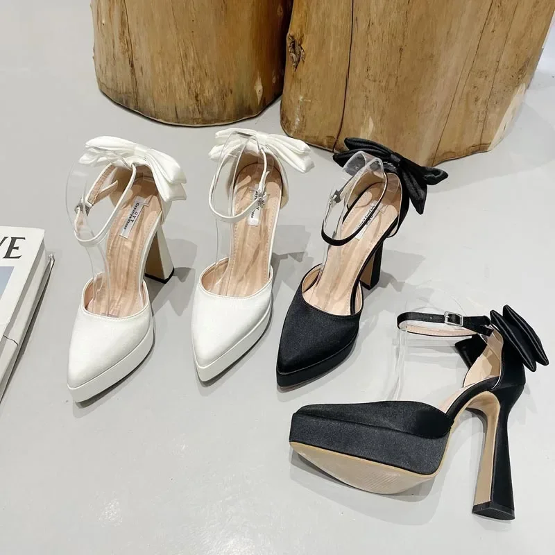 New Arrival Women's Bow Pointed Middle Empty Sandals High Heel Thick Bottom Shoes Summer Flats Thick Sole Shoes
