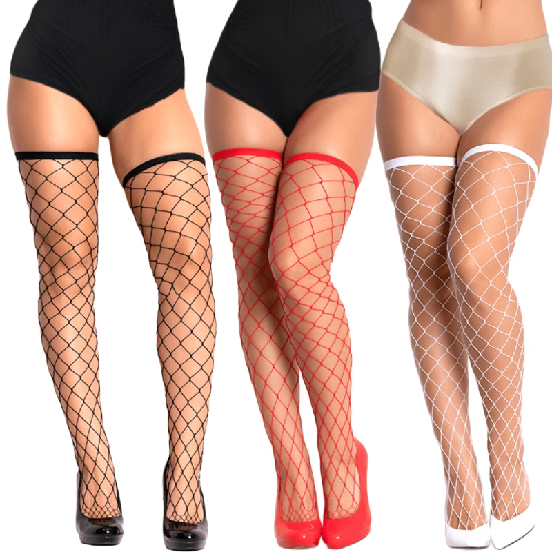 

Plus Size Stockings for Women Underwear Sexy Over Knee Long Socks Big Mesh Stocking Classic Black White Red Hosiery medias