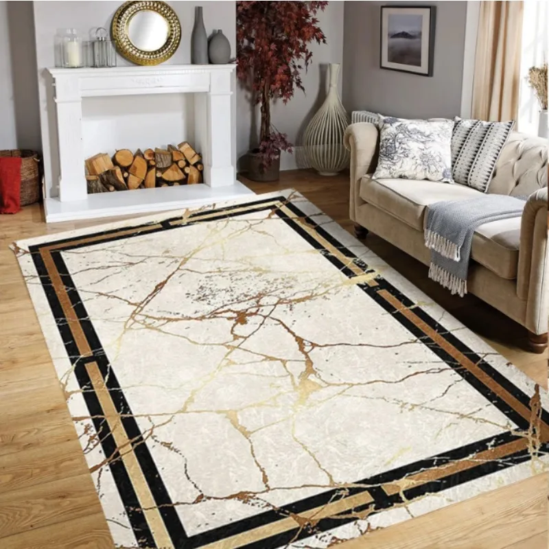 Gold and Beige Marble Pattern Rug Non-Slip Luxury Framed Living Room RugRectangle Fringed Carpet Dining Room Rug Modern Area Rug