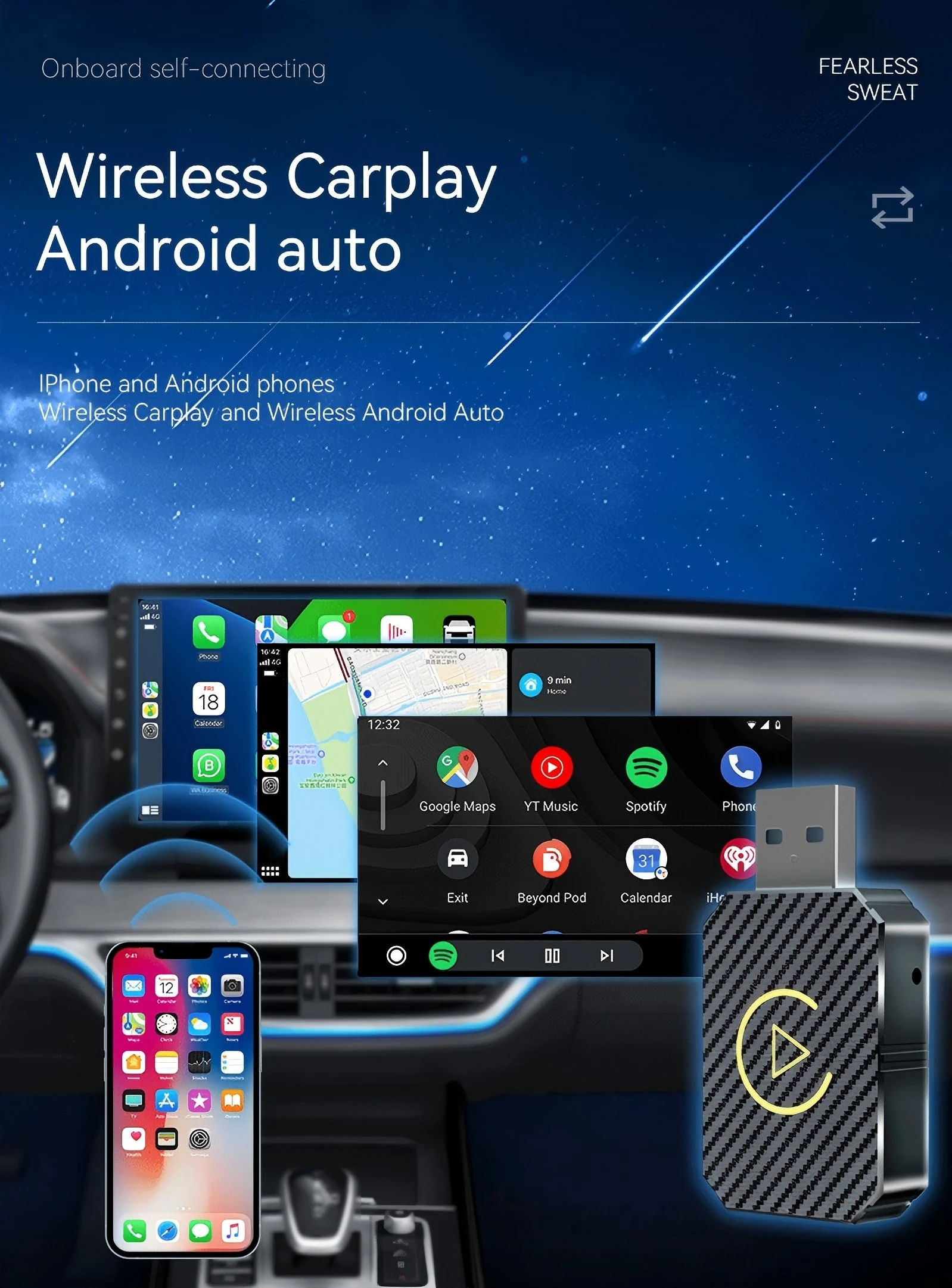 กล่องเชื่อมต่อรถยนต์ CarPlay ไร้สาย กล่อง CarPlay ไร้สายอัจฉริยะ 2 in 1 แบบเสียบใช้งานได้ทันที เชื่อมต่ออัตโนมัติ Bluetooth 5.0 สะดวกสบาย
