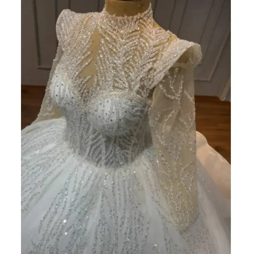 Customized  High Neck Full Shinny Sequin Beads Wedding Dress Robe De Marriage Long Sleeves Ballgown Puffy  Bridal Gown