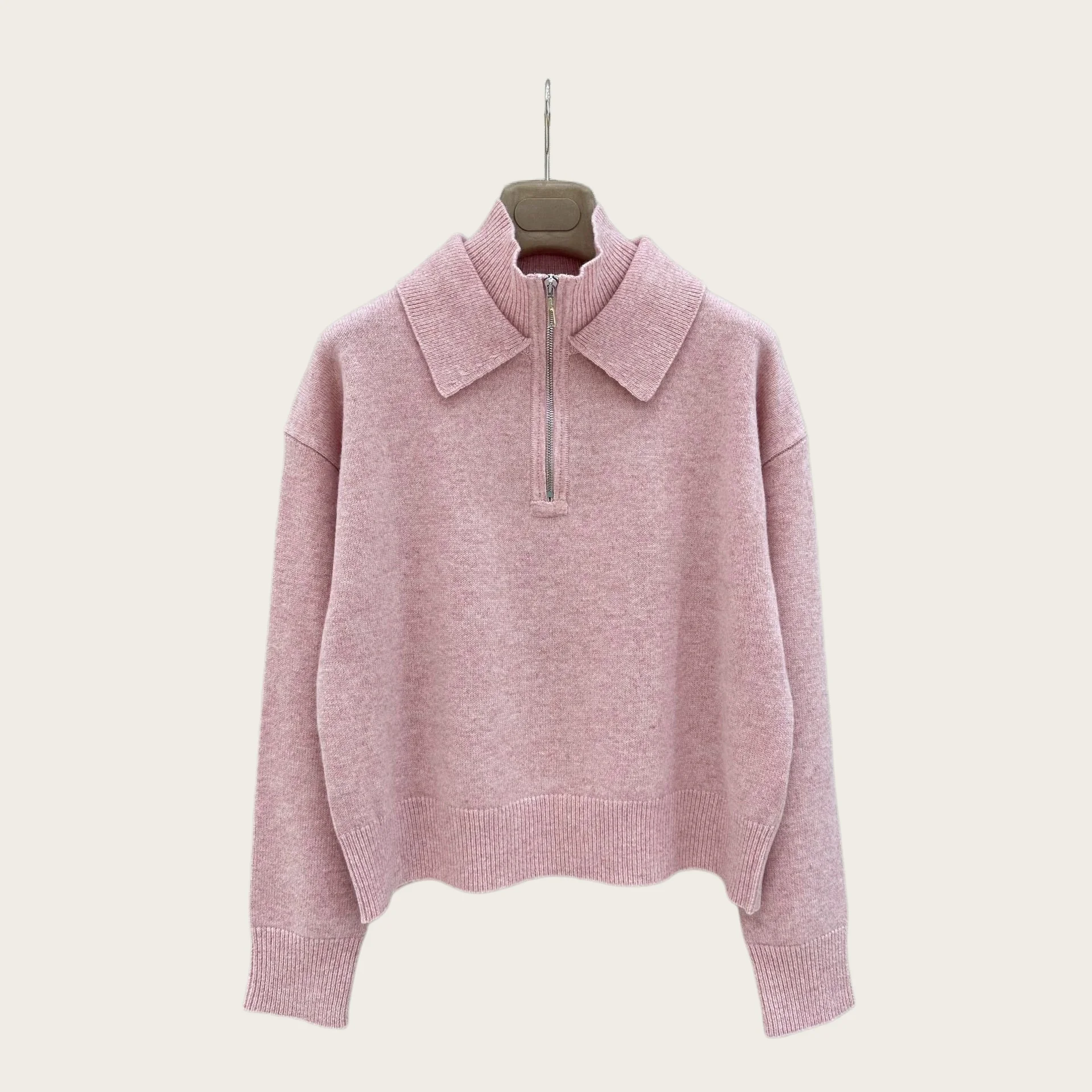 Women Autumn Winter New Chic Soft Faux Two‑Piece Half‑Zip Polo Collar Cropped Sweater