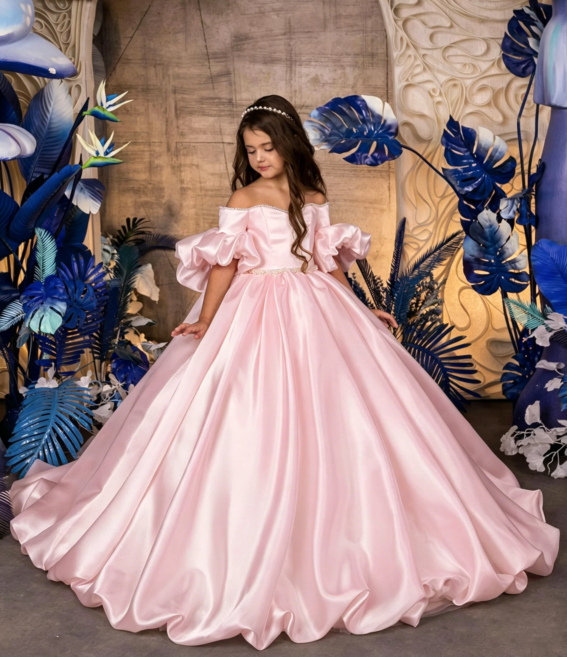 Off Shoulder Flower Girl Dress for Wedding 2-14 Kids Puff Sleeve Brush Train 1st Communion Pageant Dress Custom Party Ball Gown