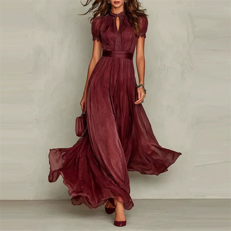 Elegantes Damenkleid mit V-Ausschnitt und Taillenbund, Puffärmeln, Spitze, A-Linie, Midi-Länge, schickes Sommerkleid für Party, Büro, Alltag, Freizeit, 2026 – Detail 2
