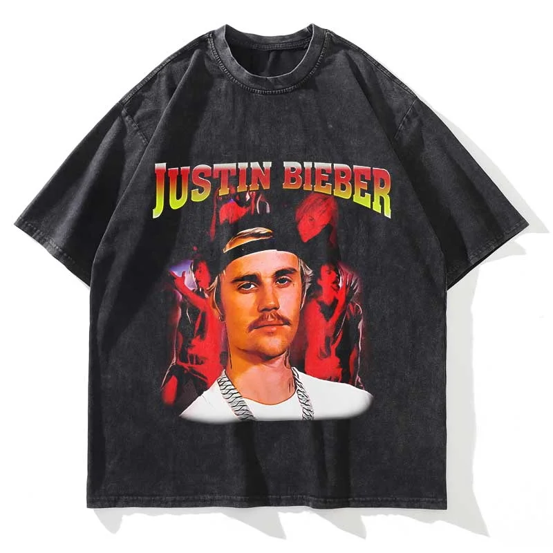 Summer Washed Men Women T Shirt JUSTIN BIEBER Graphic Printed Short Sleeve Oversized Crew Neck Fashion Streetwear T Shirt