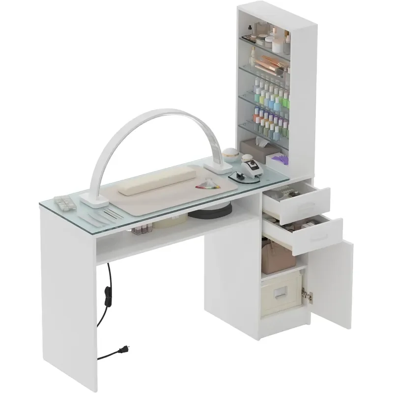 Manicure Table Nail Desk for Nail Tech Glass Top Nail Station with 3 AC Outlets and 2 USB Ports 5-Tier Glass Storage Shelves