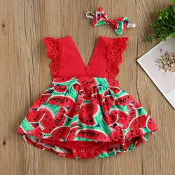 Infant Baby Girls Romper Dress Watermelon Print Lace Patchwork Sleeveless V-neck Jumpsuit Bowknot Headband Summer Clothes Outfit