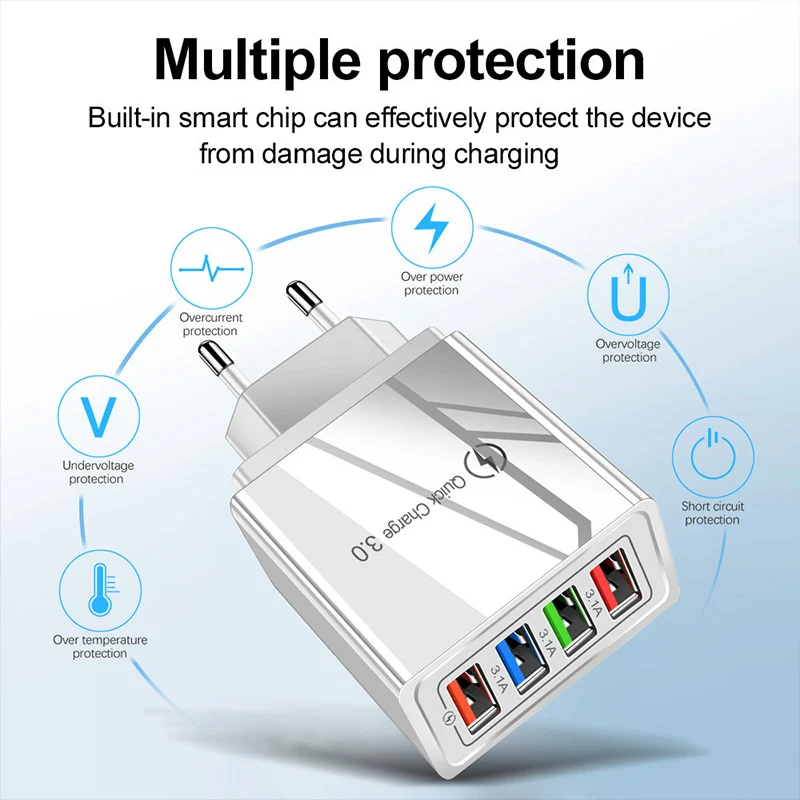 4 Ports 3.1A USB Wall Charger Quick Charge QC 3.0 Phone Adapter For iPhone 14 15 Pro Huawei Samsung Multiple USB Fast Charger