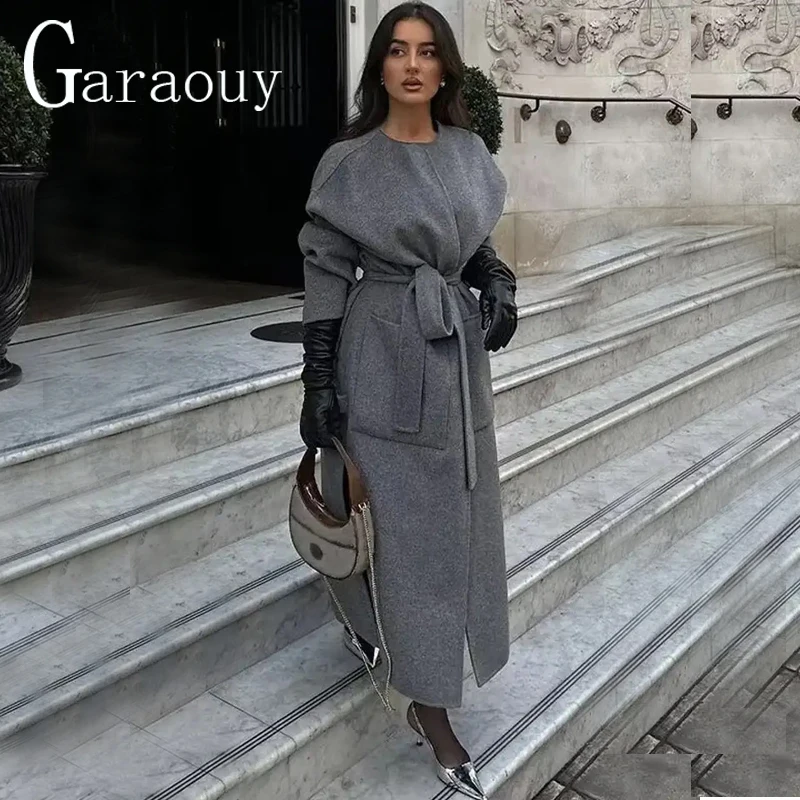 Garaouy Grey Long Woolen Coats Women Fashion Elegant Female Winter Vintage Lace-Up Overcoat High Street Chic Jacket Outweater