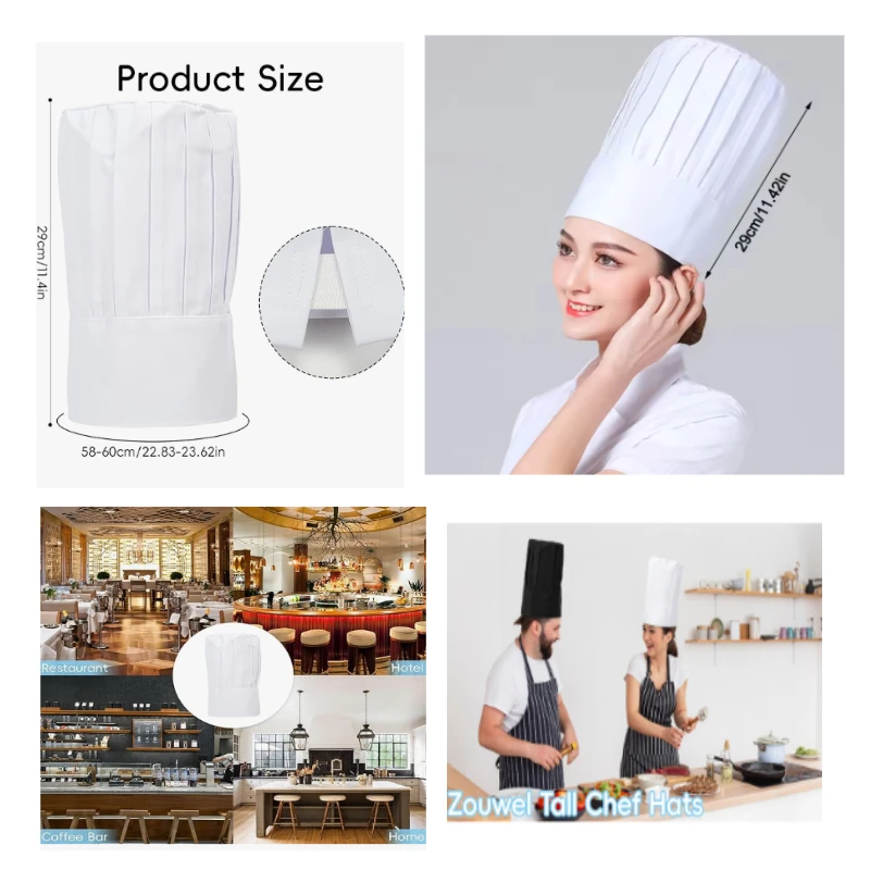 

White Chef Hat, Suitable for Waiters, Kitchens, Hotels, Restaurants, Canteens, Bakeries, and Home Cooking, Height 29cm