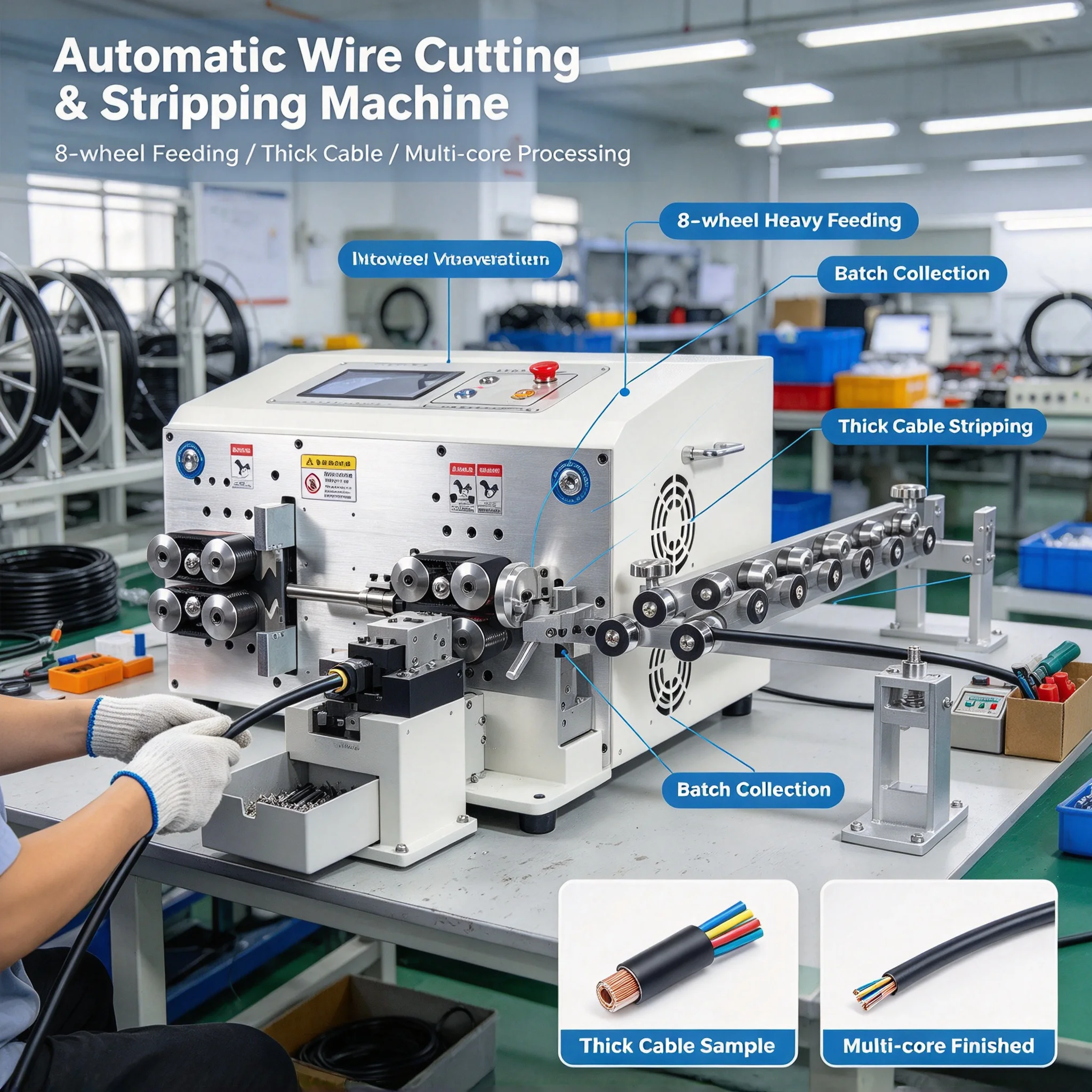 SWT-608-MAX2-ST70 Stepper S70 Servo Motor Peeling Stripping Cutting Machine 8 Wheels 1000W Touch Screen Control BV Wire Max 50mm