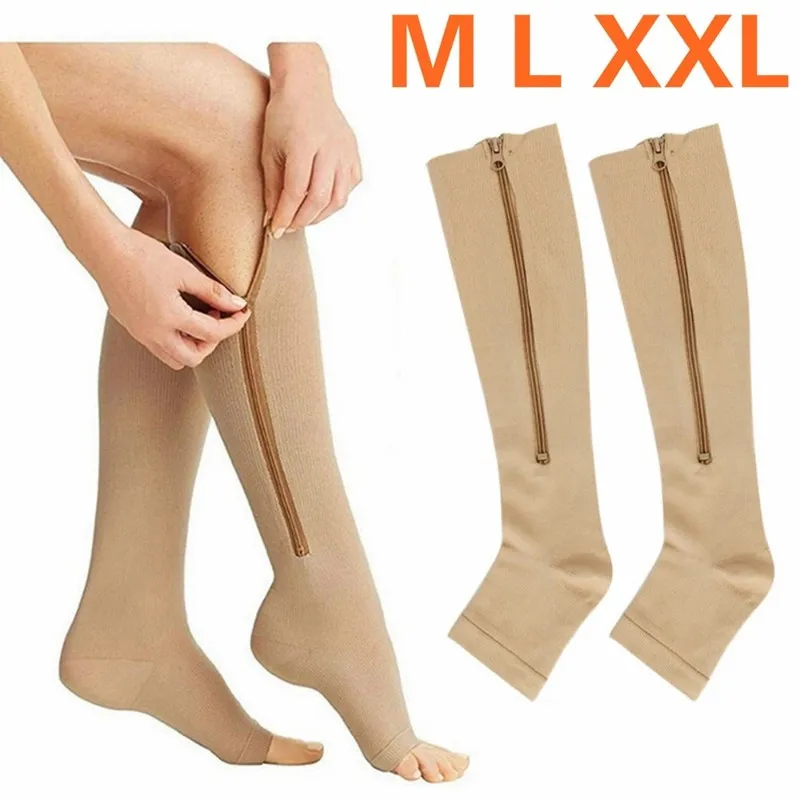 Women Compression Socks Sports Pressure Long Cycling Zipper Professional Leg Support Thick Socks 20-30mmhg Khaki Black L/XL XXL