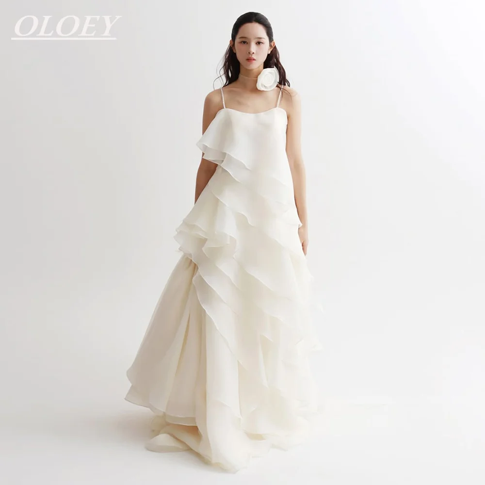 OLOEY Elegant Muti-layer Organza Wedding Dresses Korea Photoshoot Pearl Spaghetti Straps with Necklace Bridal Gown Customized
