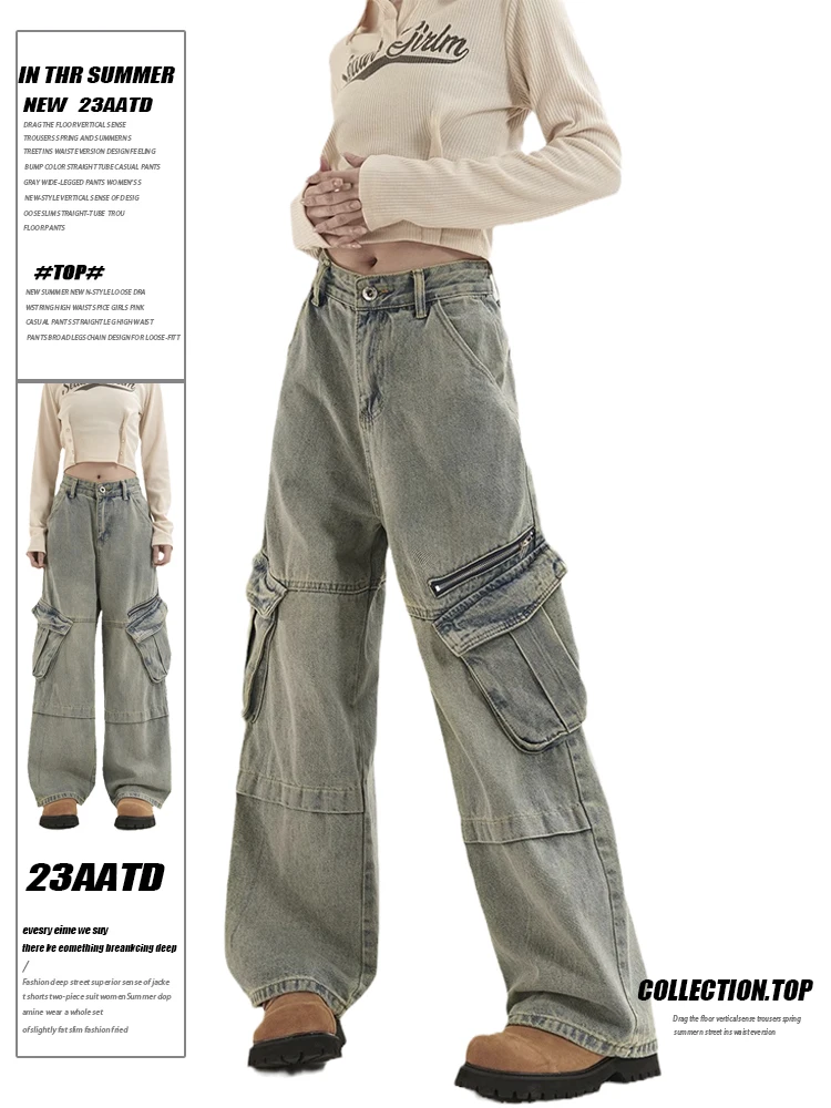 

Women Blue Cargo Jeans Baggy Aesthetic Vintage Oversize Cowboy Pants Harajuku Streetwear Denim Trousers Y2k 2000s Trashy Clothes