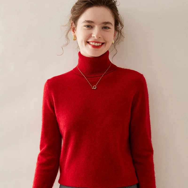 WinvyNee Women Clothing Cashmere Wool Red Sweater Long Sleeve Tops Turtleneck Casual Outwears Knitted Pullovers Autumn A1054003A