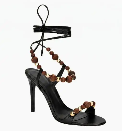 

Summer Gold Black Brown Wood Ball Beading Ankle Strap Sandals Round Open Toe One Line Lace Up Stiletto Heels Sandals Women Shoes