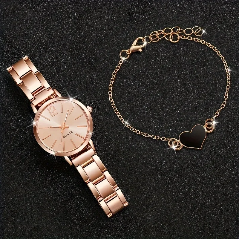 2pcs Women's Rose Golden Quartz Watch Analog SteelBand Wrist Watch With Heart Bracelet Ideal Choice For Gifts