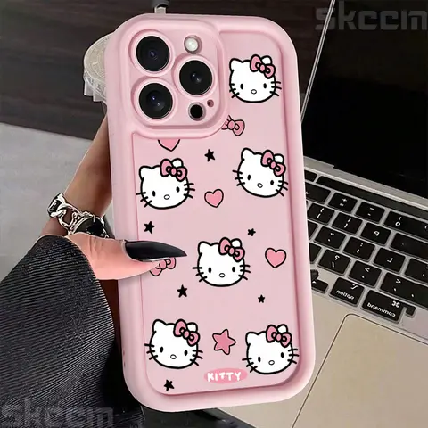 Hello Kitty Love Face Pink Bow Phone Case For iPhone 16 16E 15 14 12 13 11 Pro Max X XR XS 7 8 Plus Y2K Cute Girl Cover
