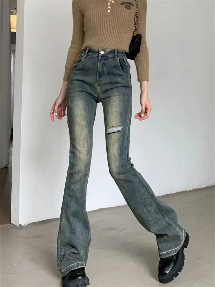 

Women's Retro Micro Flared Jeans Vintage Street Style Broken Hole Denim Trousers Young Girl Bottoms Female Straight Skinny Pants