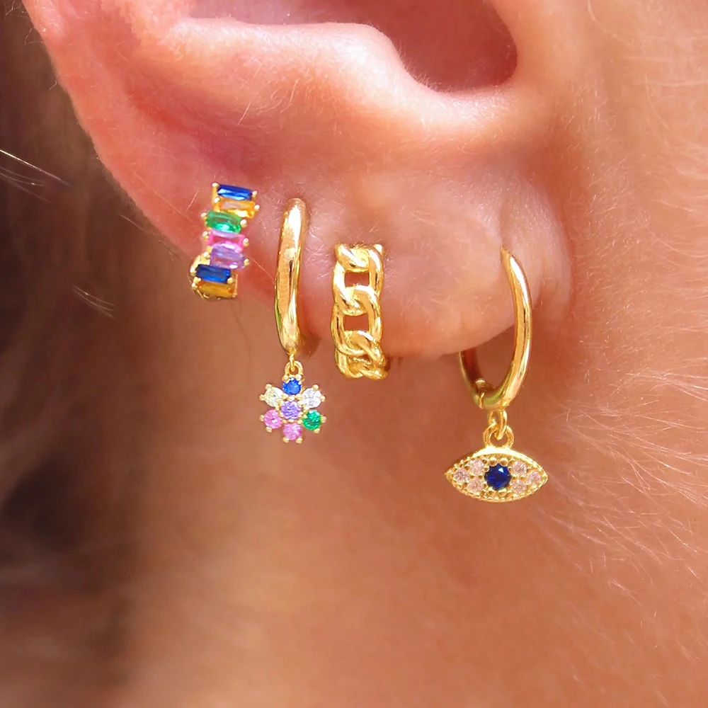 4PCS Stainless Steel Circle Huggie Hoop Earrings Set for Women Gold Color Unique Zircon Flower Evil Eye Earring Piercing Jewelry