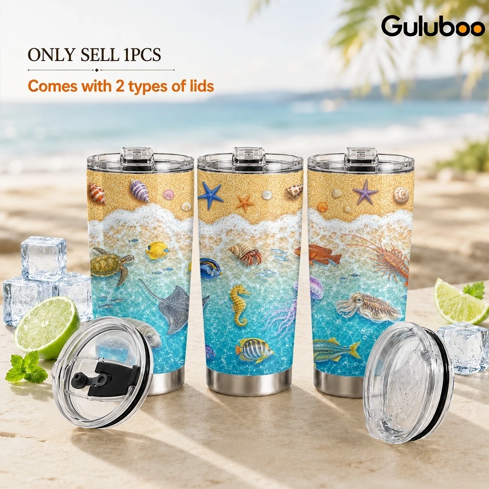 Summer Ocean Design Vacuum Flasks 20oz Stainless Steel Tumbler with 2 Lids & Reusable Straw Vacuum Insulated Travel Mug