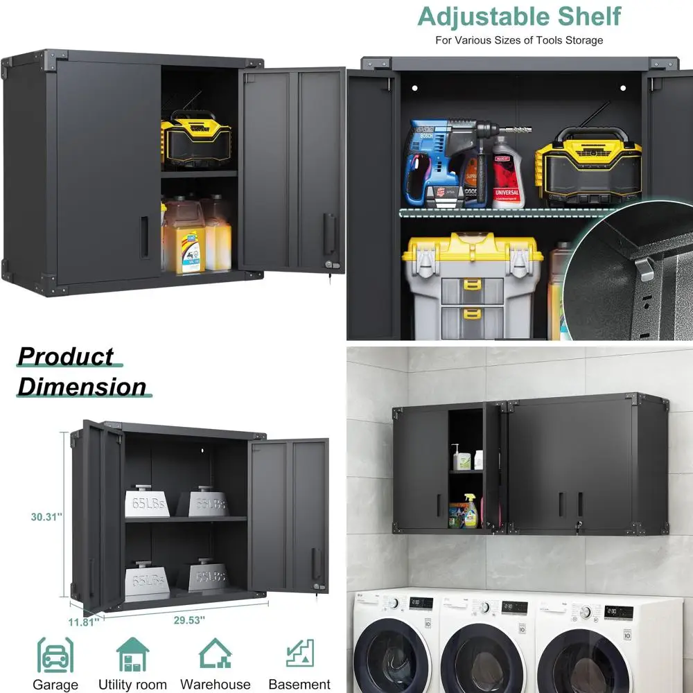 

Настенный стальной шкаф для хранения с замком, 2 дверцами и регулируемой полкой для гаража, офиса или кладовой