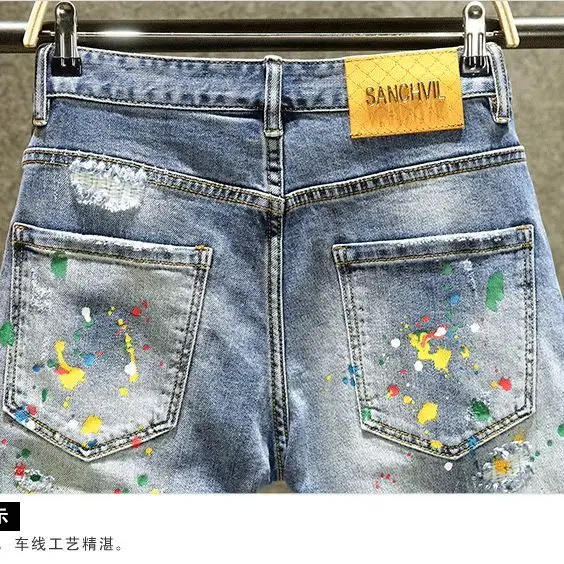 Summer 2026 Trendy Brand Shorts Denim Ruffian Handsome Ripped Patch Jeans Trendy Slim-fitting Splashing Ink Loose Half Pants