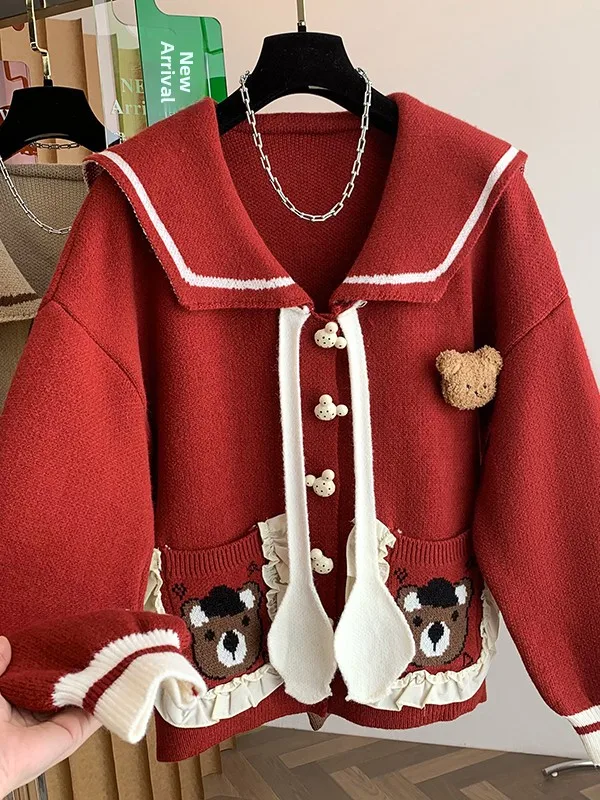 

Loose Naval Collar Knitted Sweater Coat for Women Cartoon Pattern Khaki Student Top Autumn Winter New Arrival Long Sve