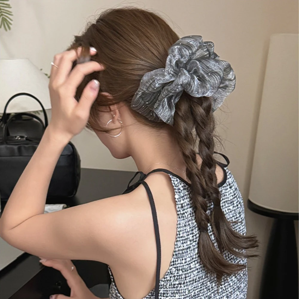 1/3pcs Fashion Sparkle Striped Pleated Mesh Big Scrunchies Tiny Rhinestone Sheer Organza Hair Ties Minimalist Hair Accessories